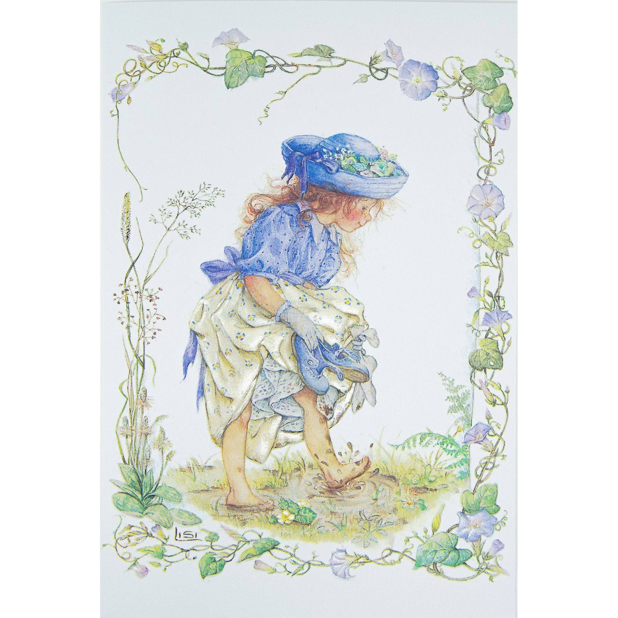 Lisi Martin Stepping In Puddles birthday card featuring a girl in a blue dress, part of Pictura's everyday greeting card collection.
